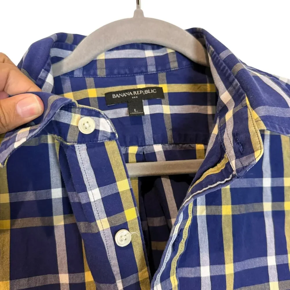 Banana Republic Shirt Mens Large Blue Check Tartan Cotton Slim Fit Button Up‎